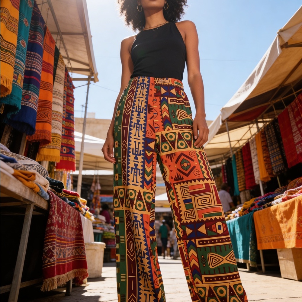 Boho Wide-Leg Patterned Pants - Multicolor
